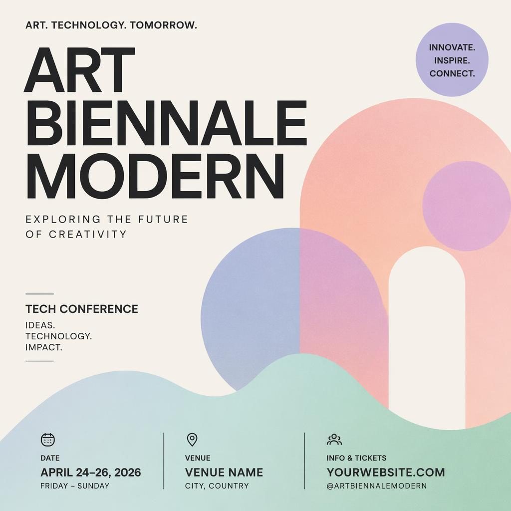 Minimalist Swiss-style event poster with pastel colors, joyful modern layout, and clean placeholder text for name, date, and venue.