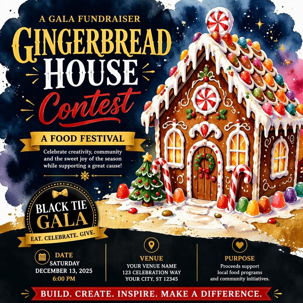 Watercolor event poster for a black-tie gala food festival with festive imagery, bold colors, and clean placeholder text.