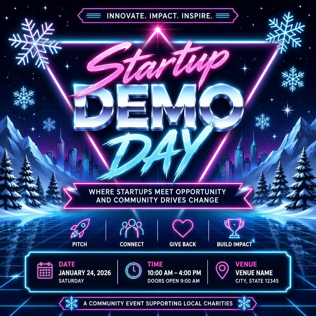 Retro 1980s neon startup demo day poster with winter ice colors, festive mood, and sharp date and venue placeholder text.