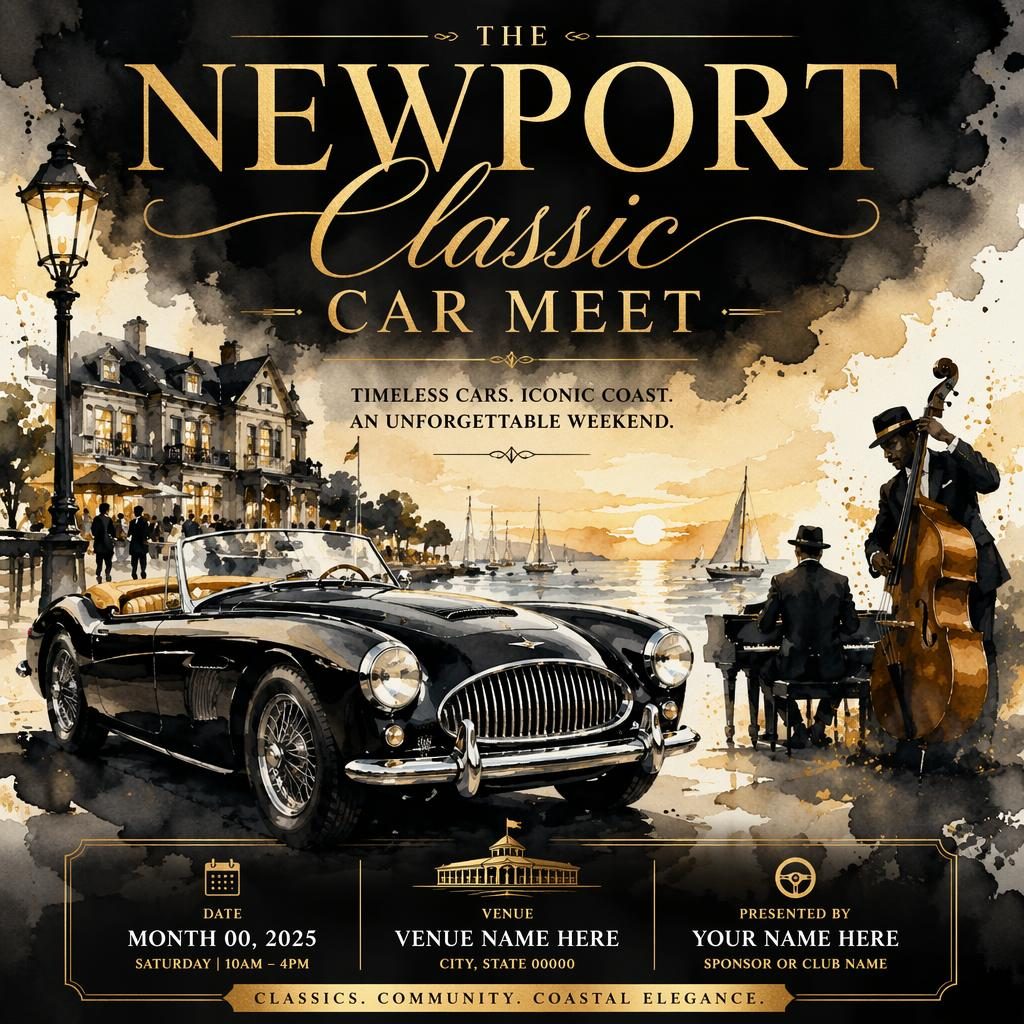 Watercolor event poster for a classic car meet with a dreamy black and gold palette and sharp venue, date, and title text.