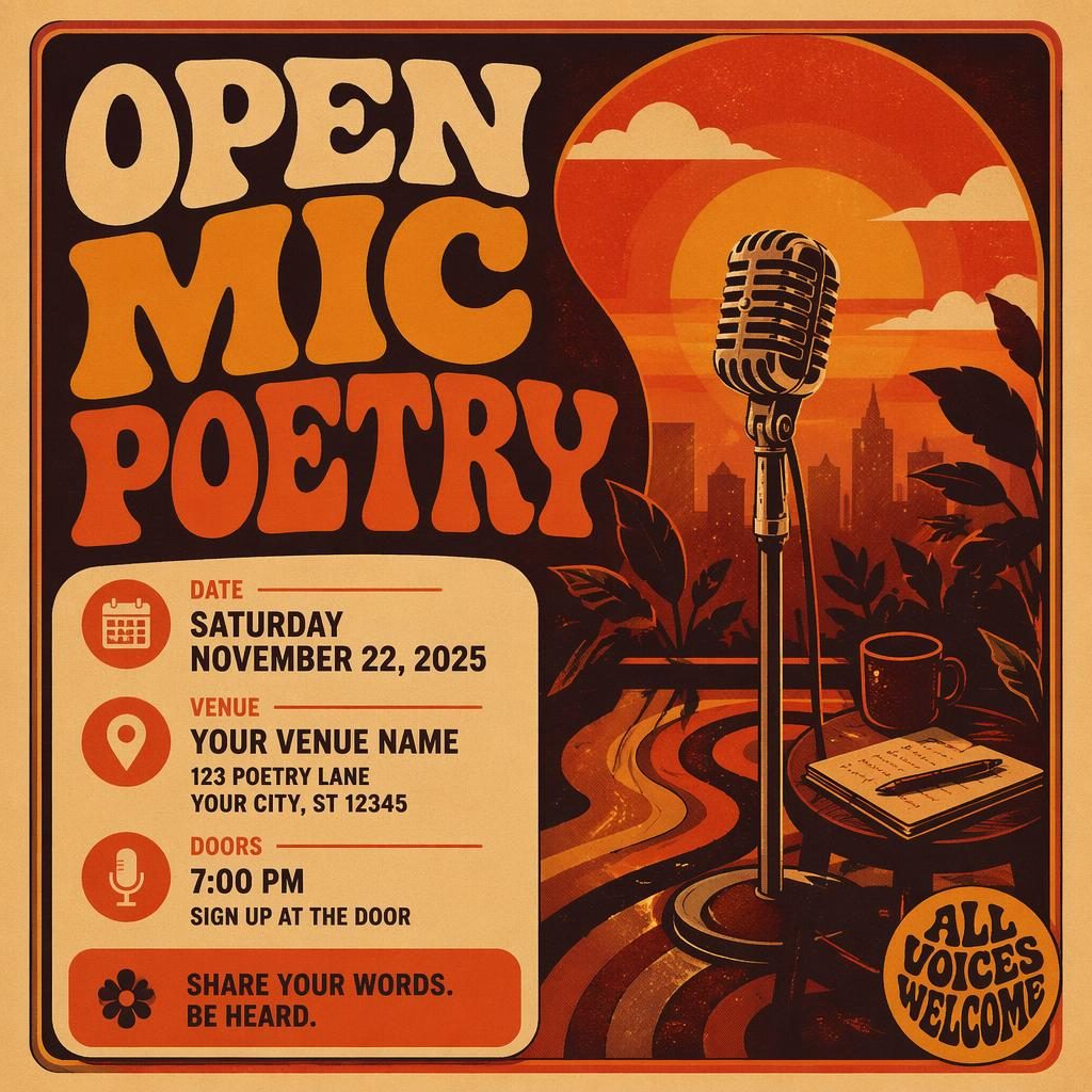 Vintage 1960s-style event poster for an open mic poetry night at a tech conference, with warm sunset colors and clean placeholder text.