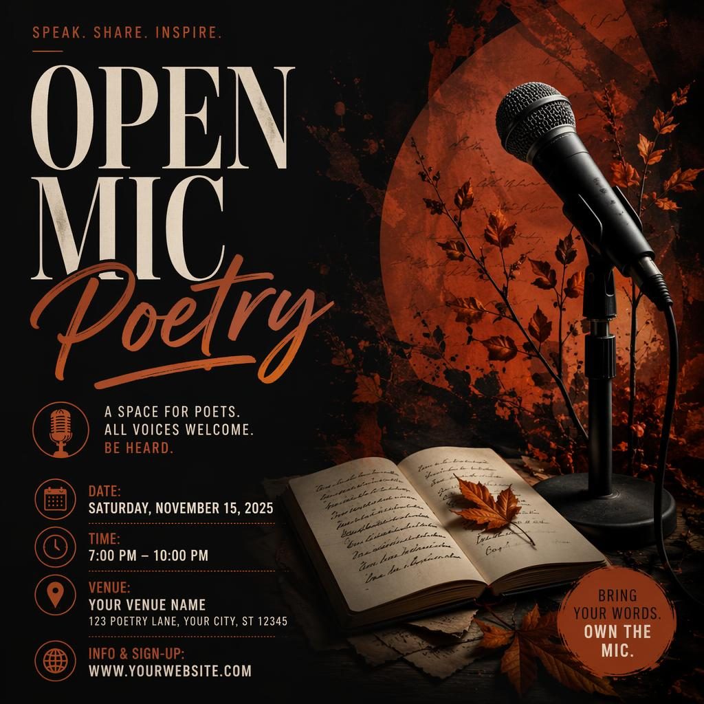 Modern editorial event poster for open mic poetry with dark mysterious mood, autumn rust palette, and clean placeholder text.