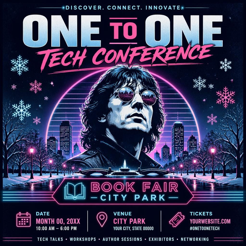 Event poster: book fair city park. Event kind: tech conference. Poster style: retro 1980s neon, seasonal festive mood, w
