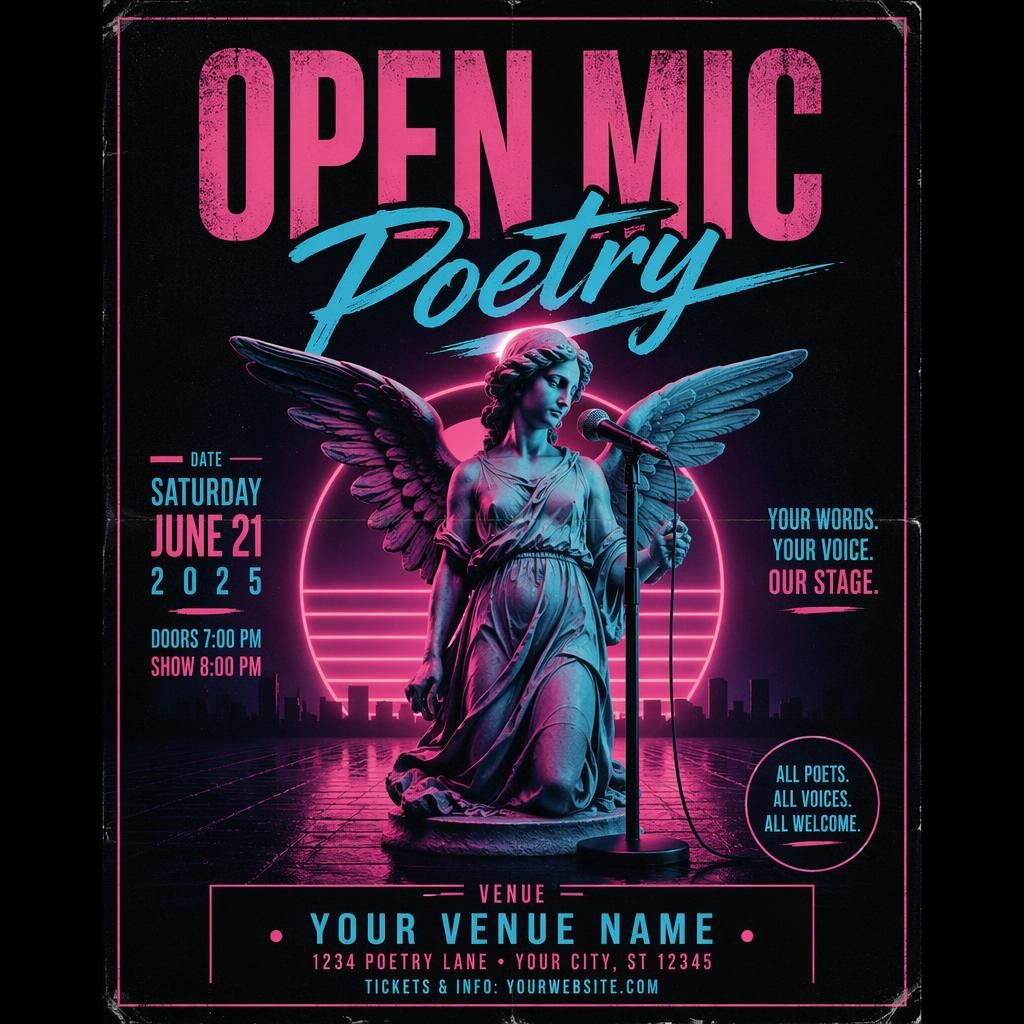 Retro 1980s neon event poster for open mic poetry with cool neon colors and clean date, venue, and event name placeholders