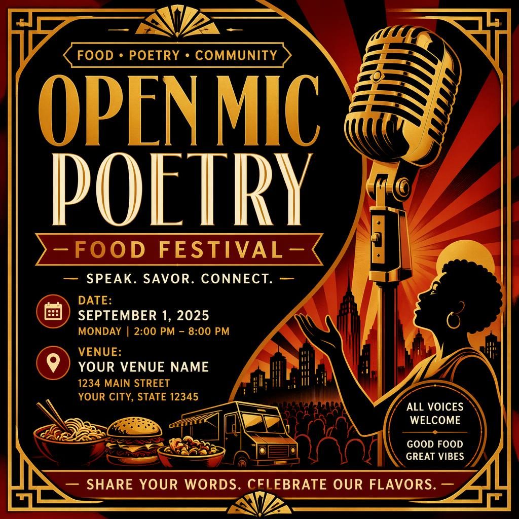 Art deco luxury event poster for an open mic poetry food festival with bold high-contrast colors and sharp placeholder text.