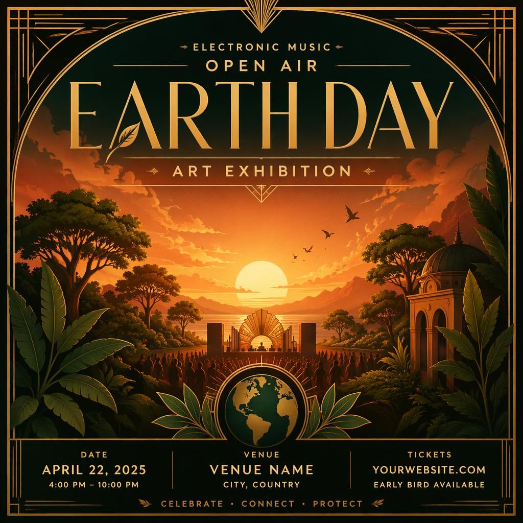 Art deco luxury event poster for an electronic music open air art exhibition in a warm sunset palette with clean placeholder text.