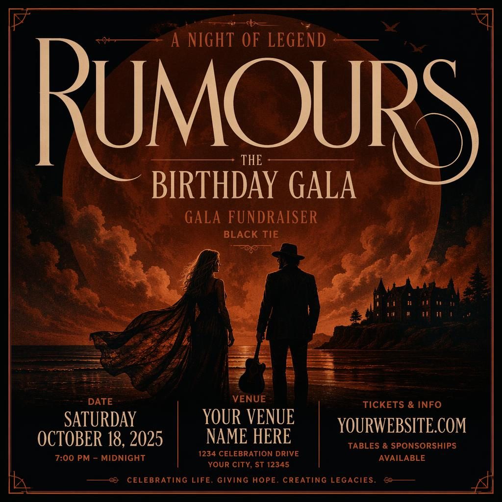 Dark black-tie gala fundraiser event poster with bold typography, autumn rust tones, and clean date and venue placeholders.