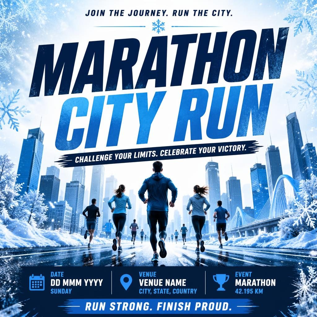 AI event poster for a winter wedding marathon city run with bold typography, icy blue palette, and clean date and venue placeholders.