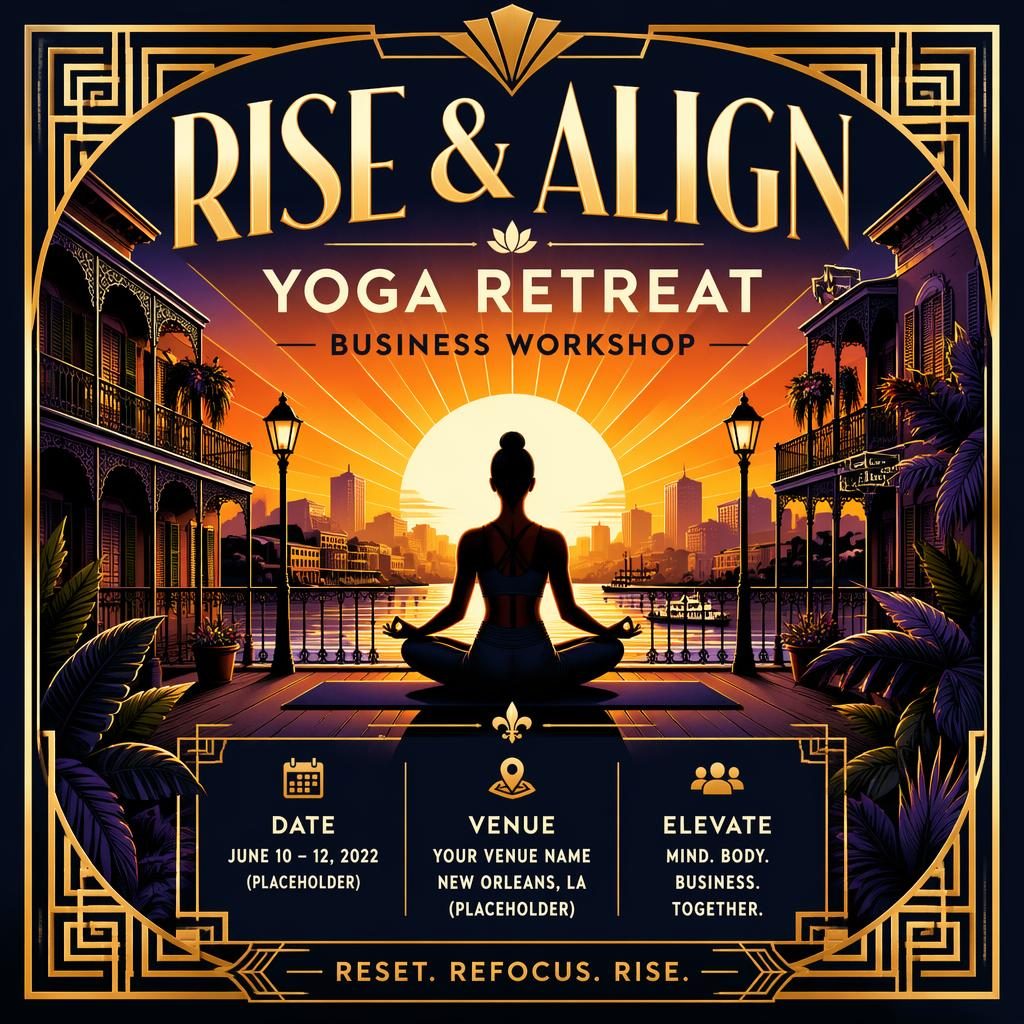 Art Deco luxury event poster showing a sunrise yoga retreat scene with bold high-contrast colors and clean event placeholders.