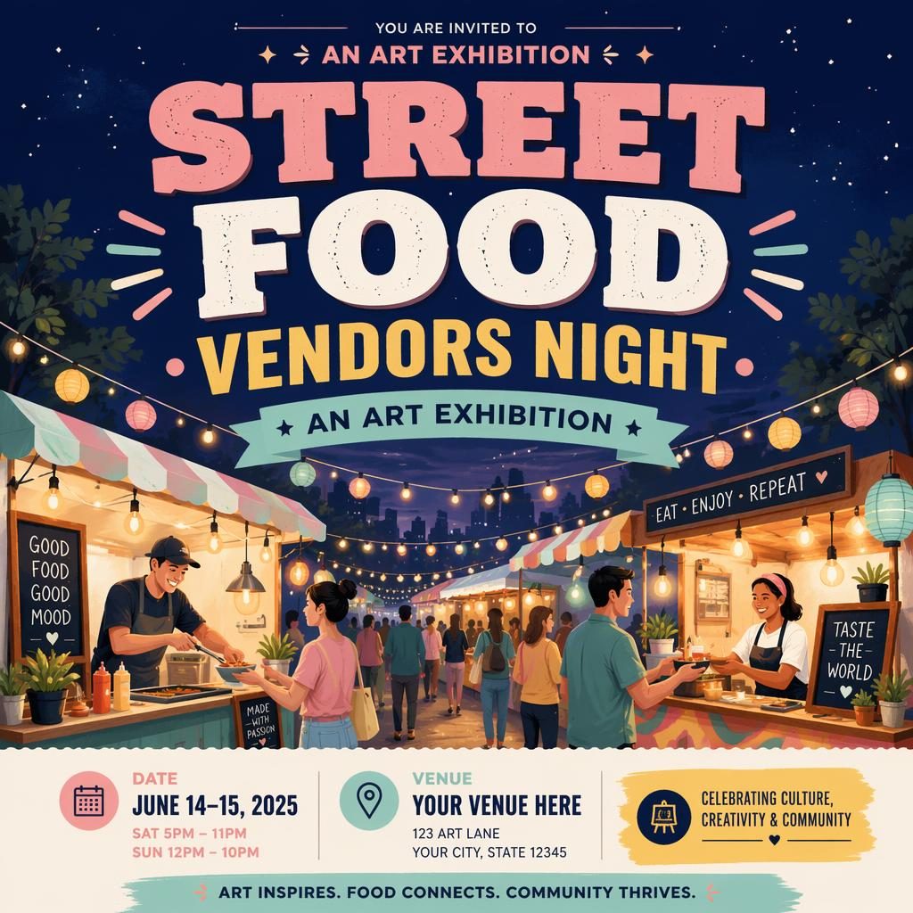 AI event poster with bold typography, pastel palette, and joyful street food night visuals for an art exhibition.