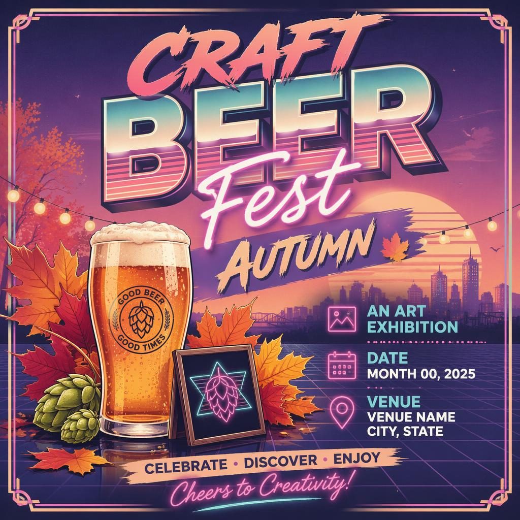Retro 1980s neon event poster for a craft beer fest autumn art exhibition with pastel colors and sharp placeholder text.
