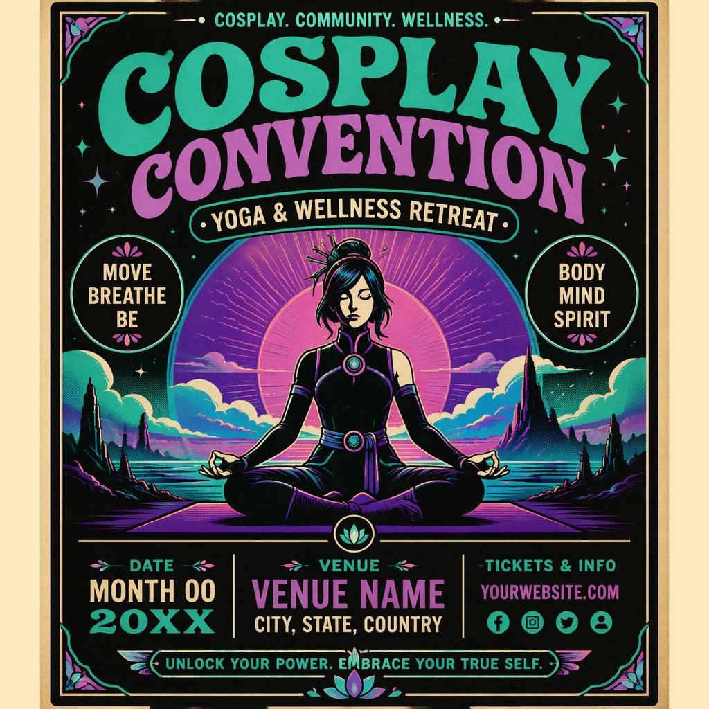 Vintage 1960s-style event poster for a cosplay convention wellness retreat with cool neon colors and sharp placeholder text.