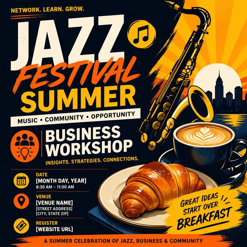Bold event poster for Jazz Festival Summer with large typography, high-contrast colors, and clean date and venue placeholder text.