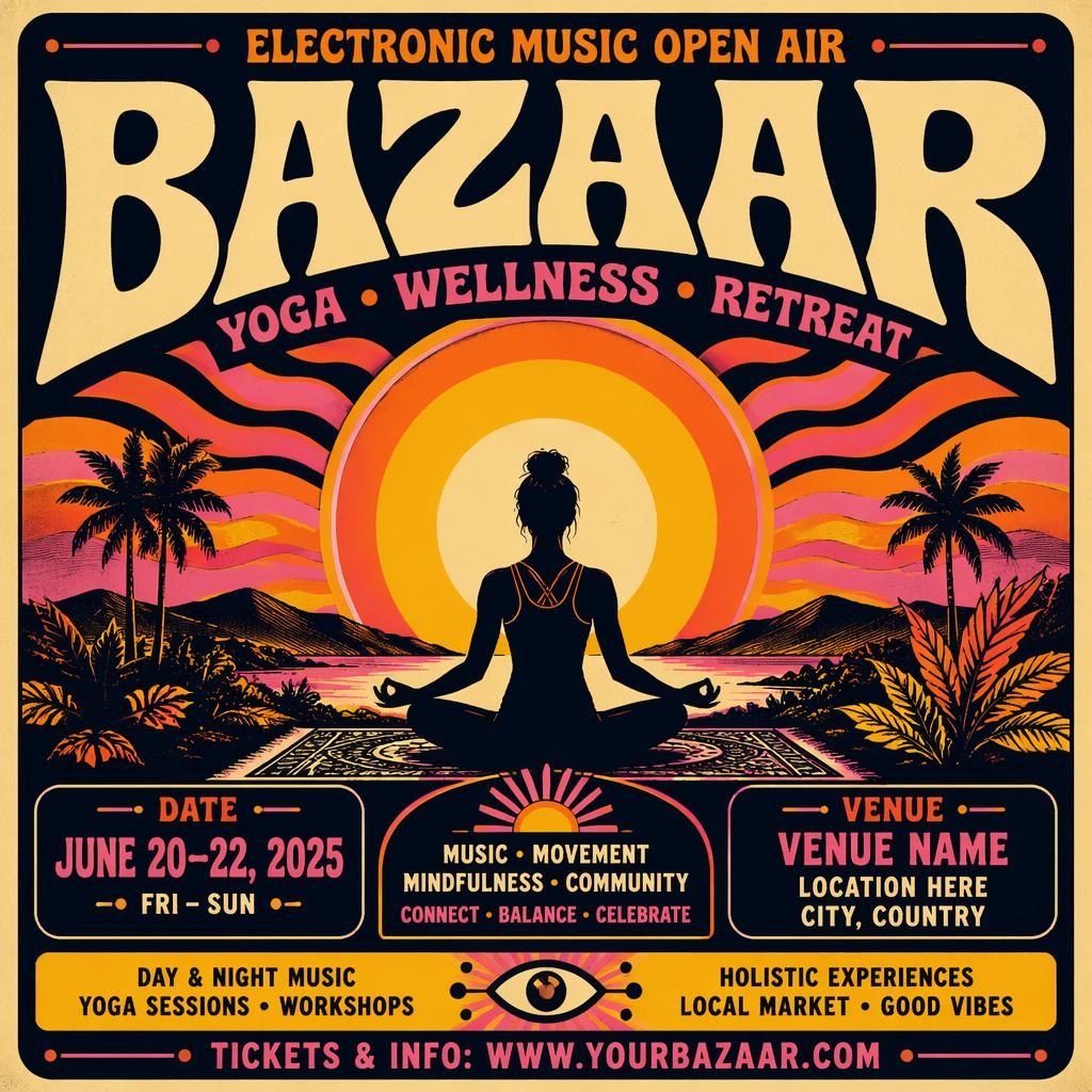 Vintage 1960s-style event poster for an electronic music open air wellness retreat with bold colors and clean placeholder text.