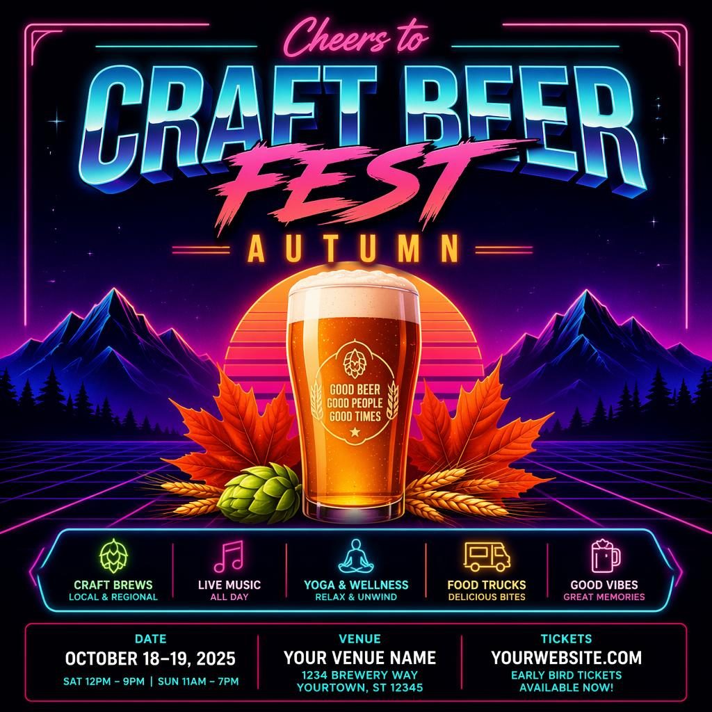 Retro 1980s neon event poster for a craft beer fest autumn with clean placeholder text for event name, date, and venue.