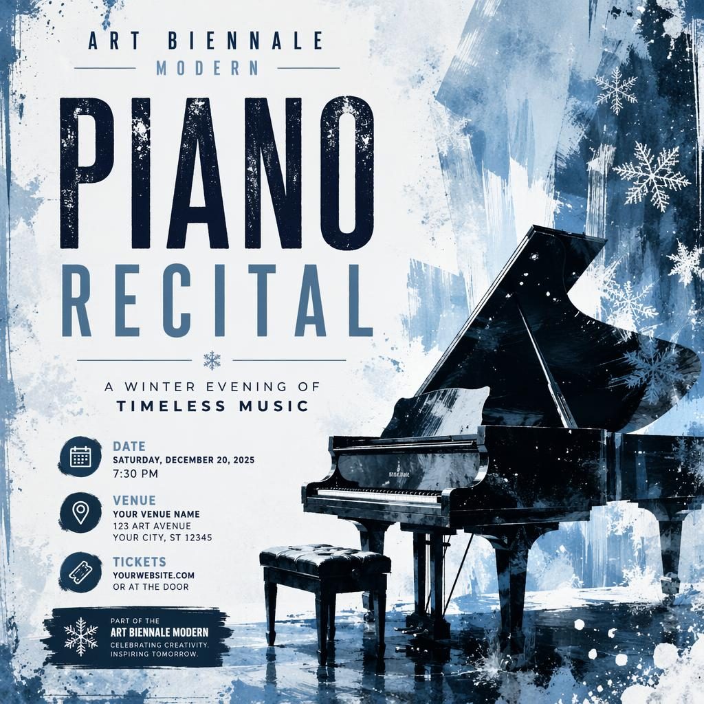 Grunge-style winter event poster for a modern art biennale music concert with icy blue palette and sharp English placeholder text.