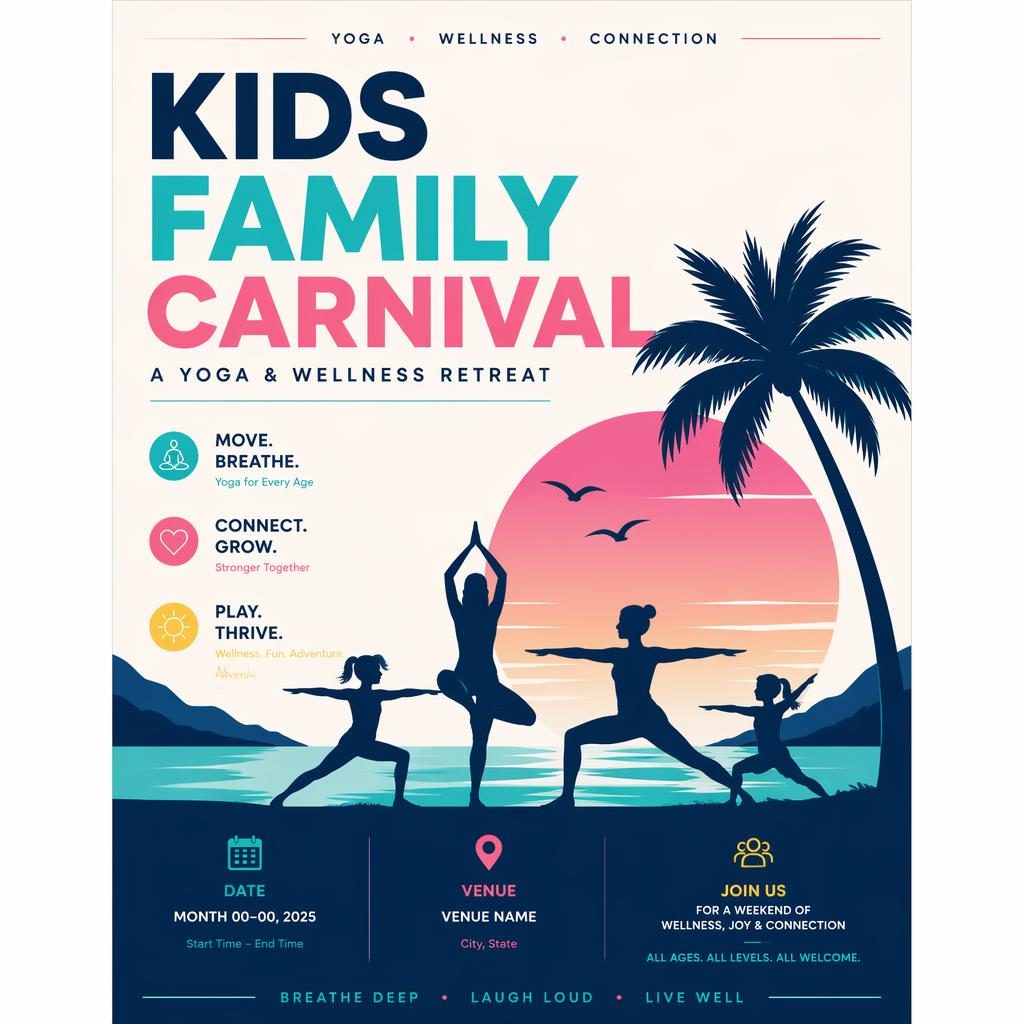 Minimalist Swiss event poster for a kids family carnival wellness retreat with cool neon palette and clean date venue text.
