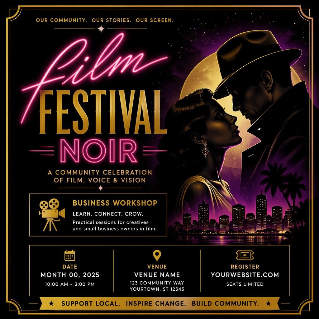 Retro 1980s neon event poster for a noir business workshop in black and gold, with dreamy styling and sharp placeholder text.