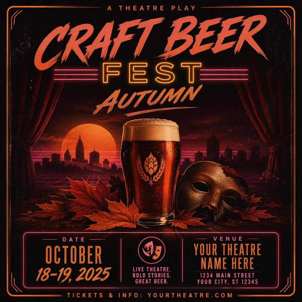 Retro 1980s neon event poster for a craft beer fest autumn theatre play, with dark mysterious mood and rust palette.