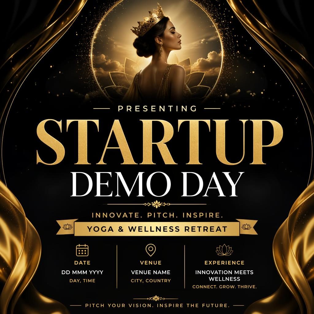 Black and gold event poster for a startup demo day with bold typography, dreamy romantic mood, and clean date and venue placeholders.