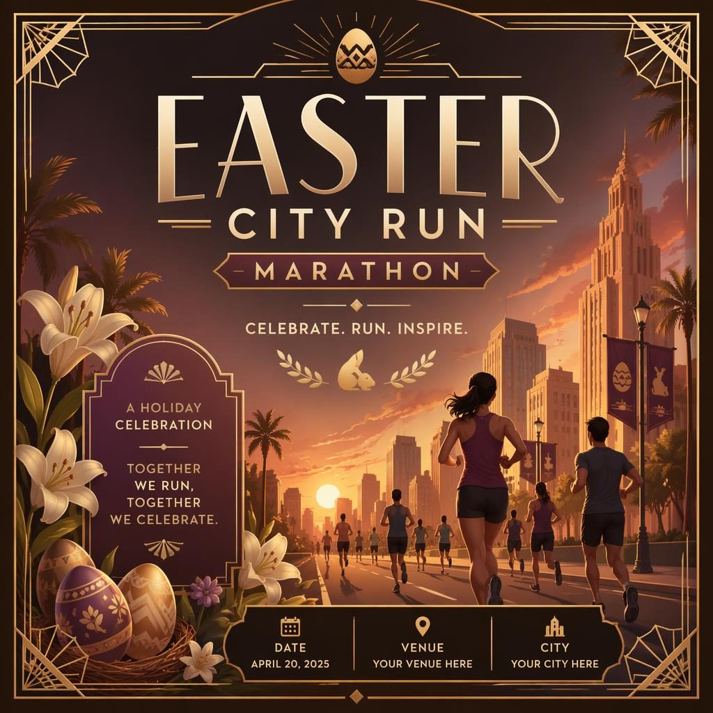 Cartel de maratón urbana de Pascua con estilo art déco de lujo, tonos cálidos al atardecer y texto de evento legible.