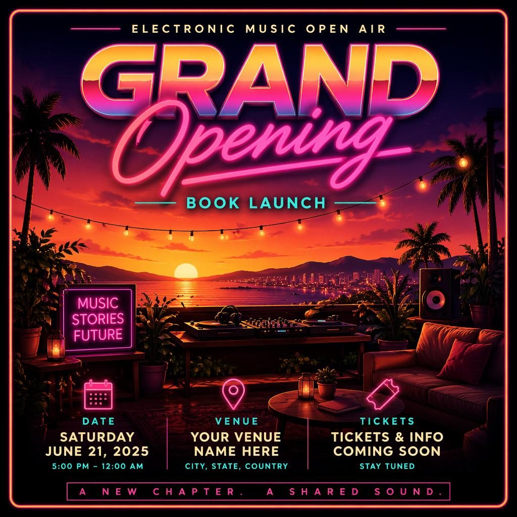 Retro 1980s neon event poster for an electronic music open air book launch with sunset colors and clean placeholder text.