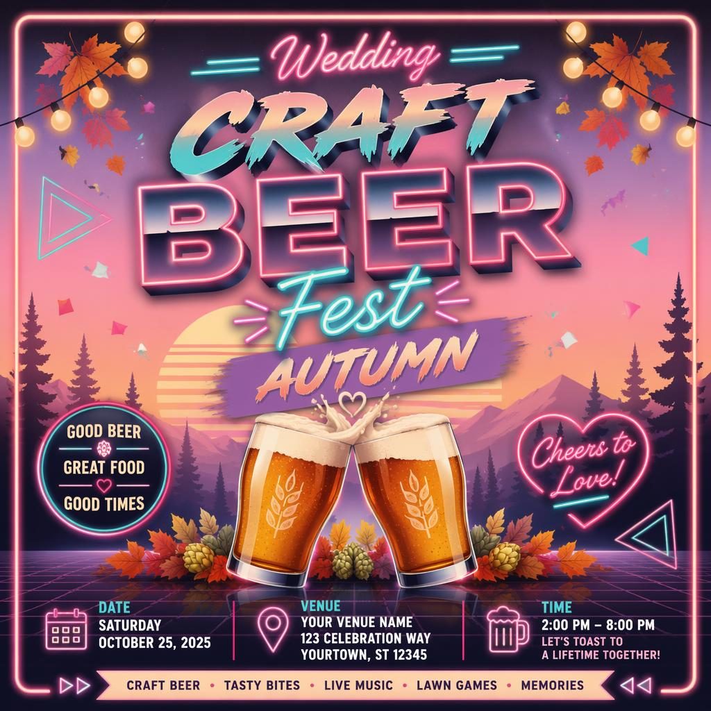 Retro 1980s neon-style autumn wedding poster with craft beer fest theme, pastel palette, and clean event placeholders.