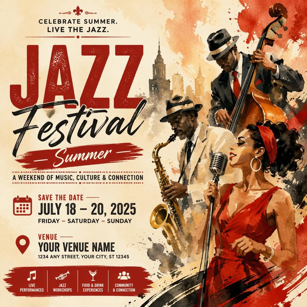 Watercolor event poster for a wedding jazz festival in vintage cream and red, with bold festive layout and readable placeholder text.
