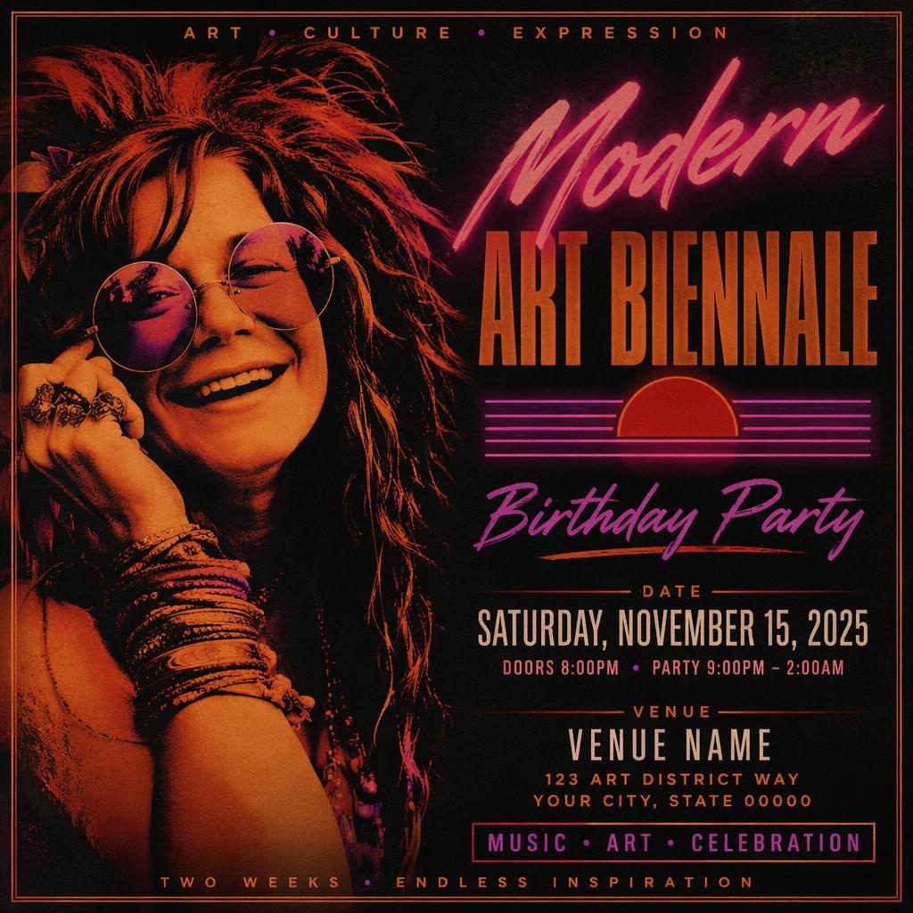 Retro 1980s neon event poster for a modern art biennale party with dark autumn rust tones and sharp placeholder text.