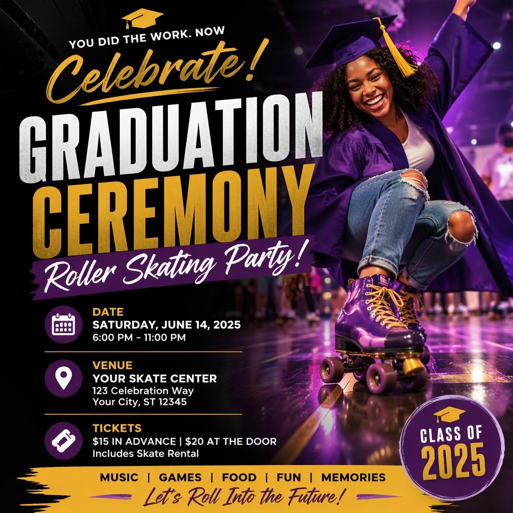 Photographic graduation ceremony event poster with energetic high-contrast colors, overlay design, and sharp placeholder text.