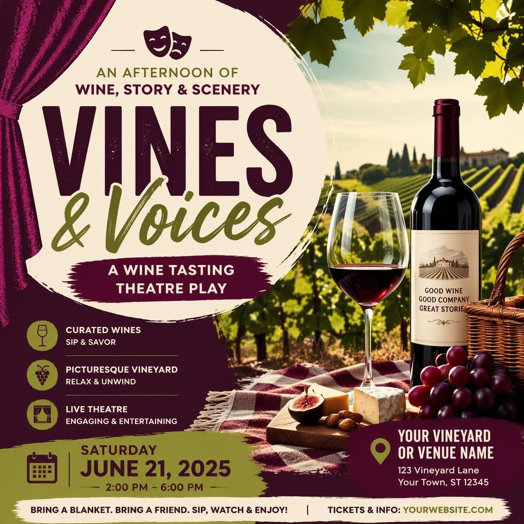 Modern editorial event poster for a vineyard theatre play with wine tasting imagery, bold colors, and readable text placeholders.