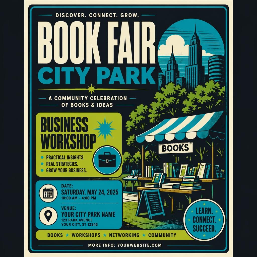 Vintage 1960s-style event poster for a business workshop at a city park book fair, with cool neon colors and clean placeholder text.