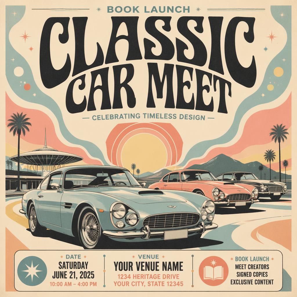 Vintage 1960s-style event poster for a classic car meet book launch with pastel colors, joyful mood, and readable placeholders.