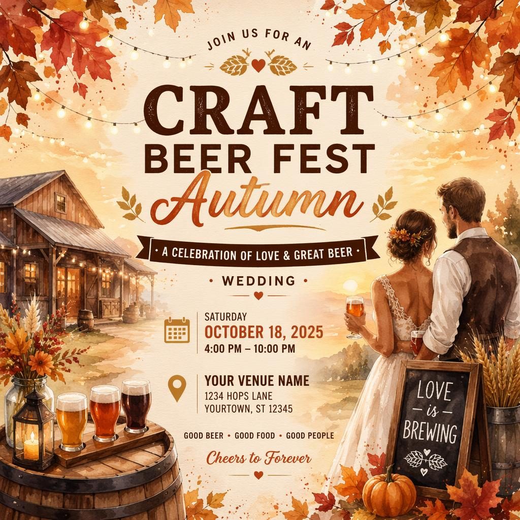 Watercolor event poster for an autumn craft beer wedding fest with cozy sunset tones and clean English placeholder text.