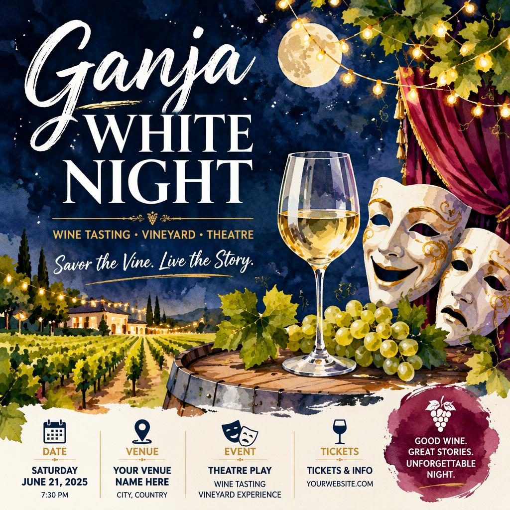 Watercolor event poster for a vineyard theatre play with wine tasting imagery, festive bold colors, and clean placeholder text.