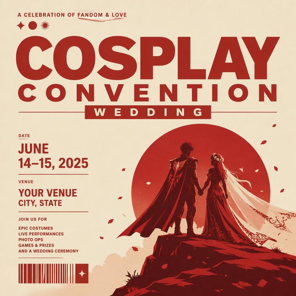 Minimalist Swiss event poster for a cosplay wedding convention in cream and red with bold typography and clean placeholders.