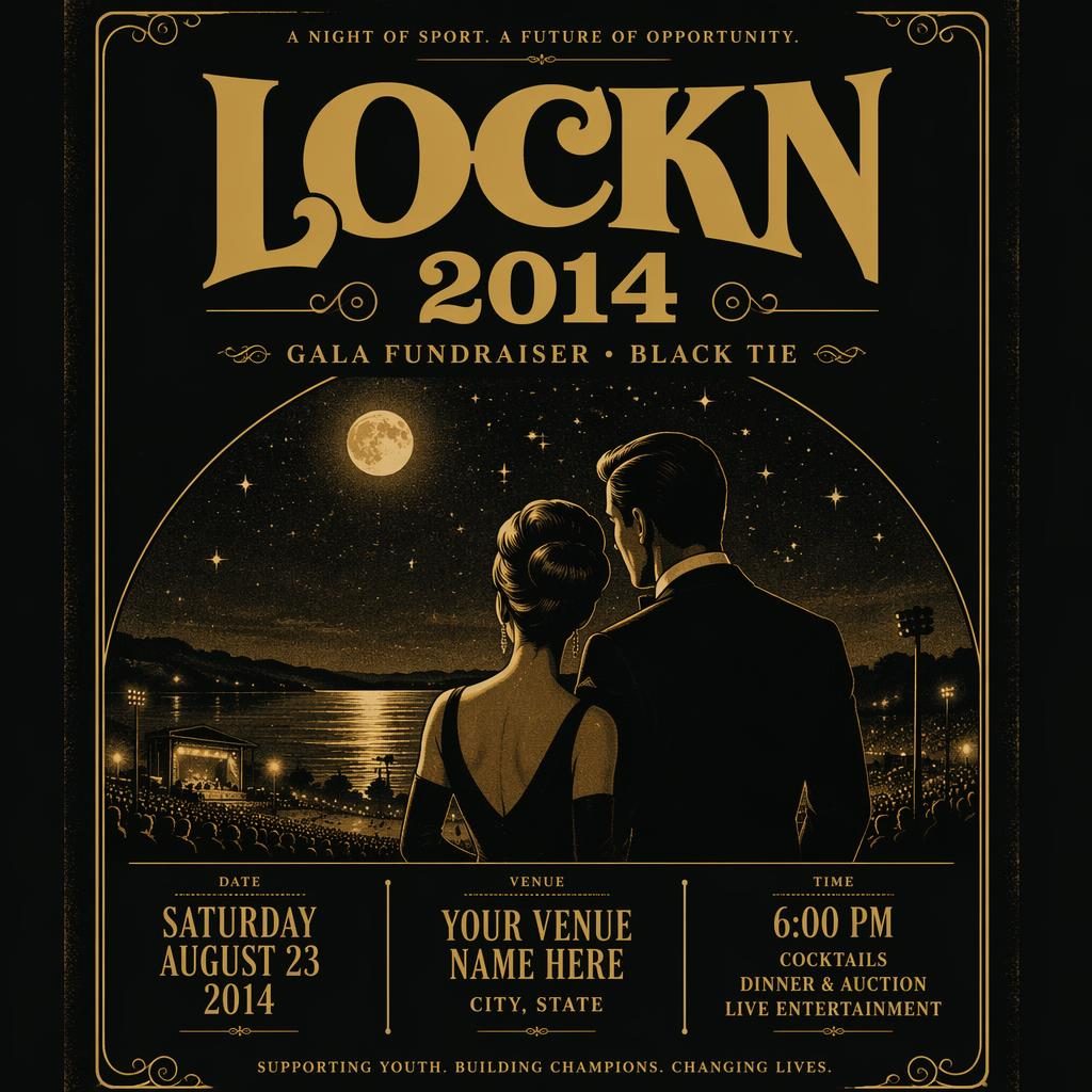 Vintage 1960s-style event poster for a black tie sports gala fundraiser in black and gold with elegant placeholder text.