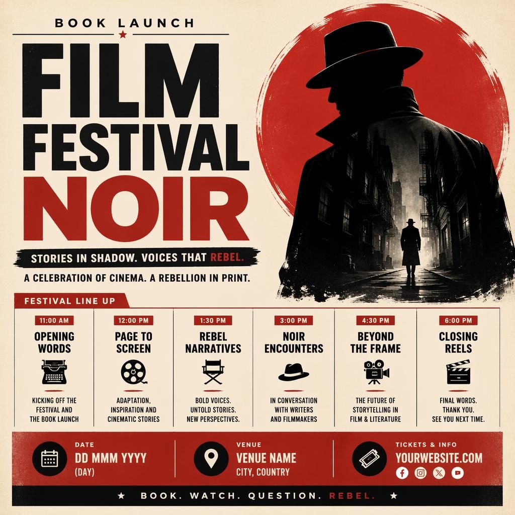Modern editorial event poster with film noir mood, vintage cream and red palette, bold book launch layout and sharp text placeholders.