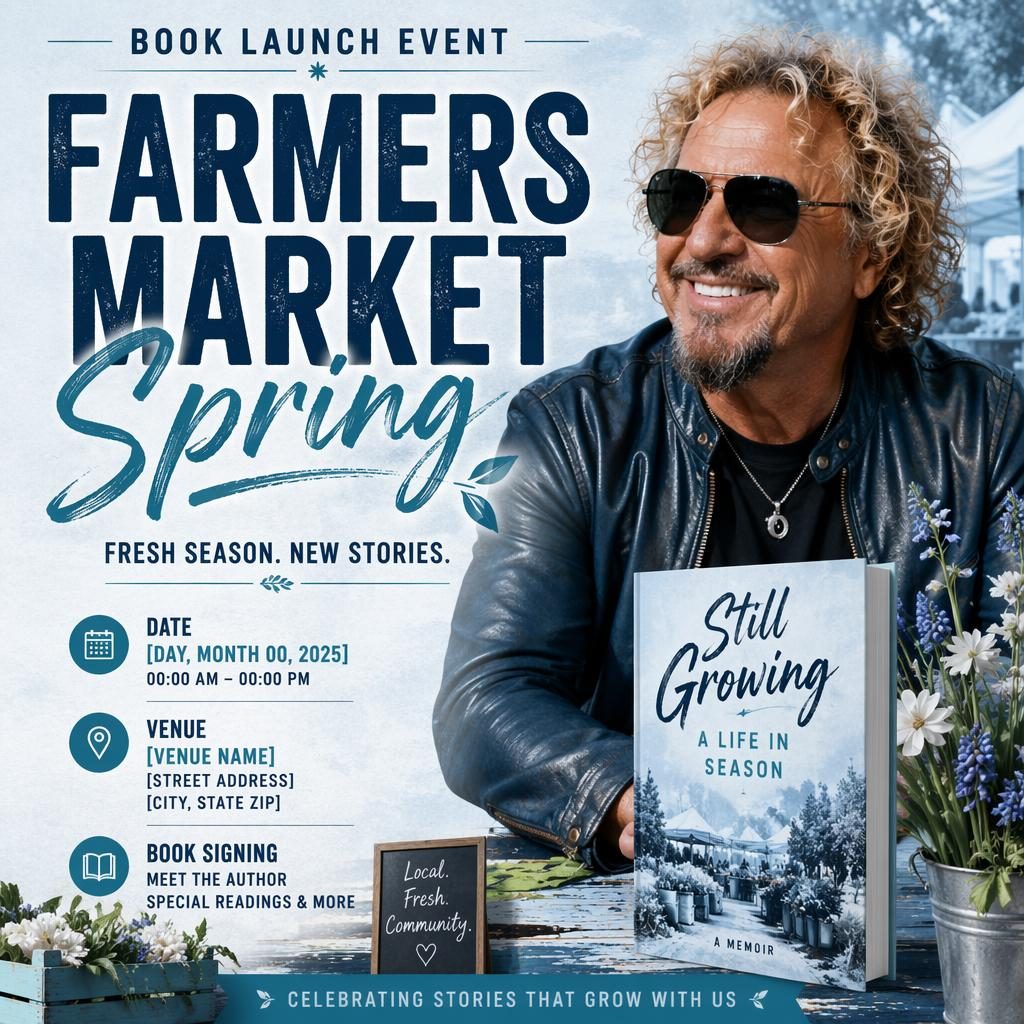 Modern editorial event poster for a spring farmers market book launch with winter ice palette and clean placeholder text.