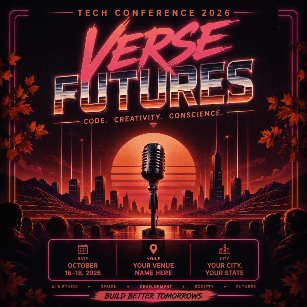 Retro 1980s neon event poster with dark mysterious mood, rust autumn tones, and sharp English placeholder text for date and venue.