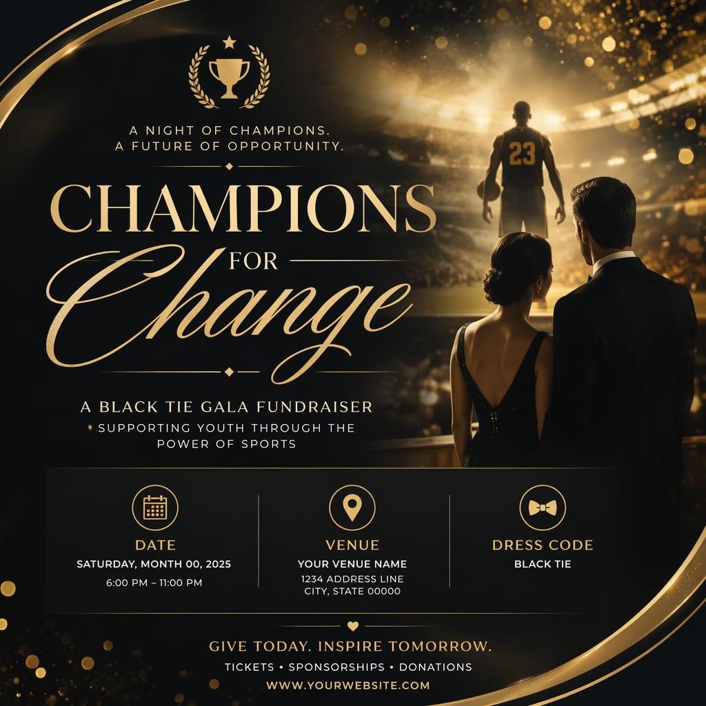 Modern editorial event poster for a black tie sports gala fundraiser in black and gold with elegant readable placeholder text.