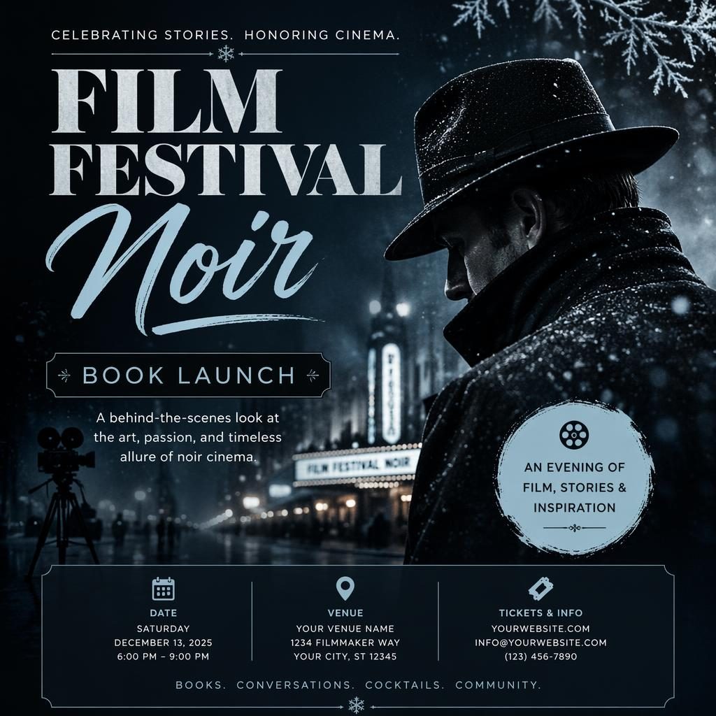 Photographic event poster for a noir-themed book launch with winter ice palette, festive overlay, and clean placeholder text.