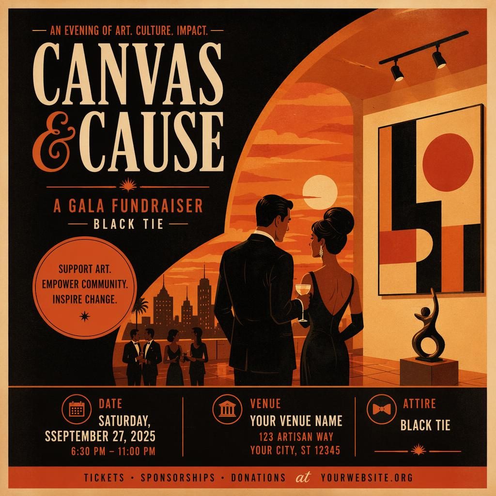 Vintage 1960s-style gala fundraiser art exhibition poster with black-tie theme, warm sunset colors, and sharp placeholder text.