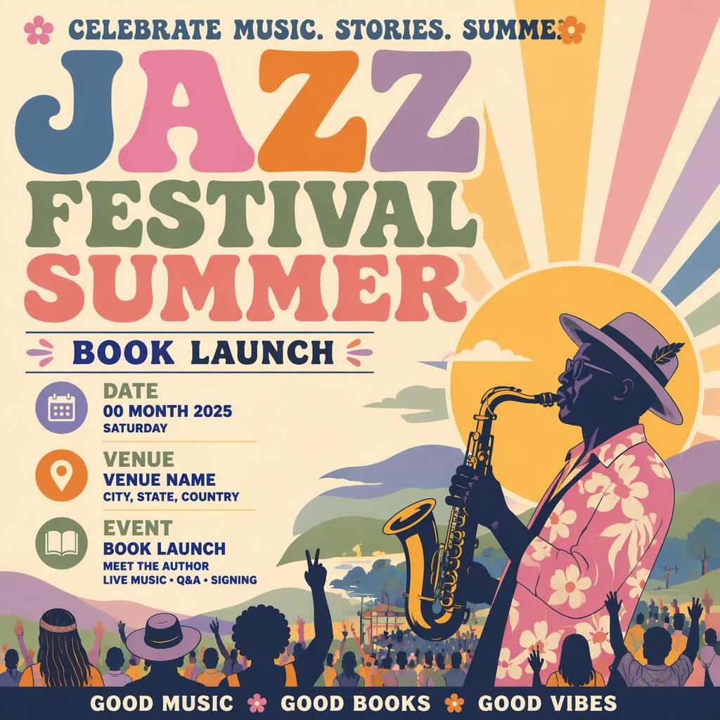 Pastel event poster with bold typography for a jazz festival summer book launch, featuring clean date and venue placeholder text.