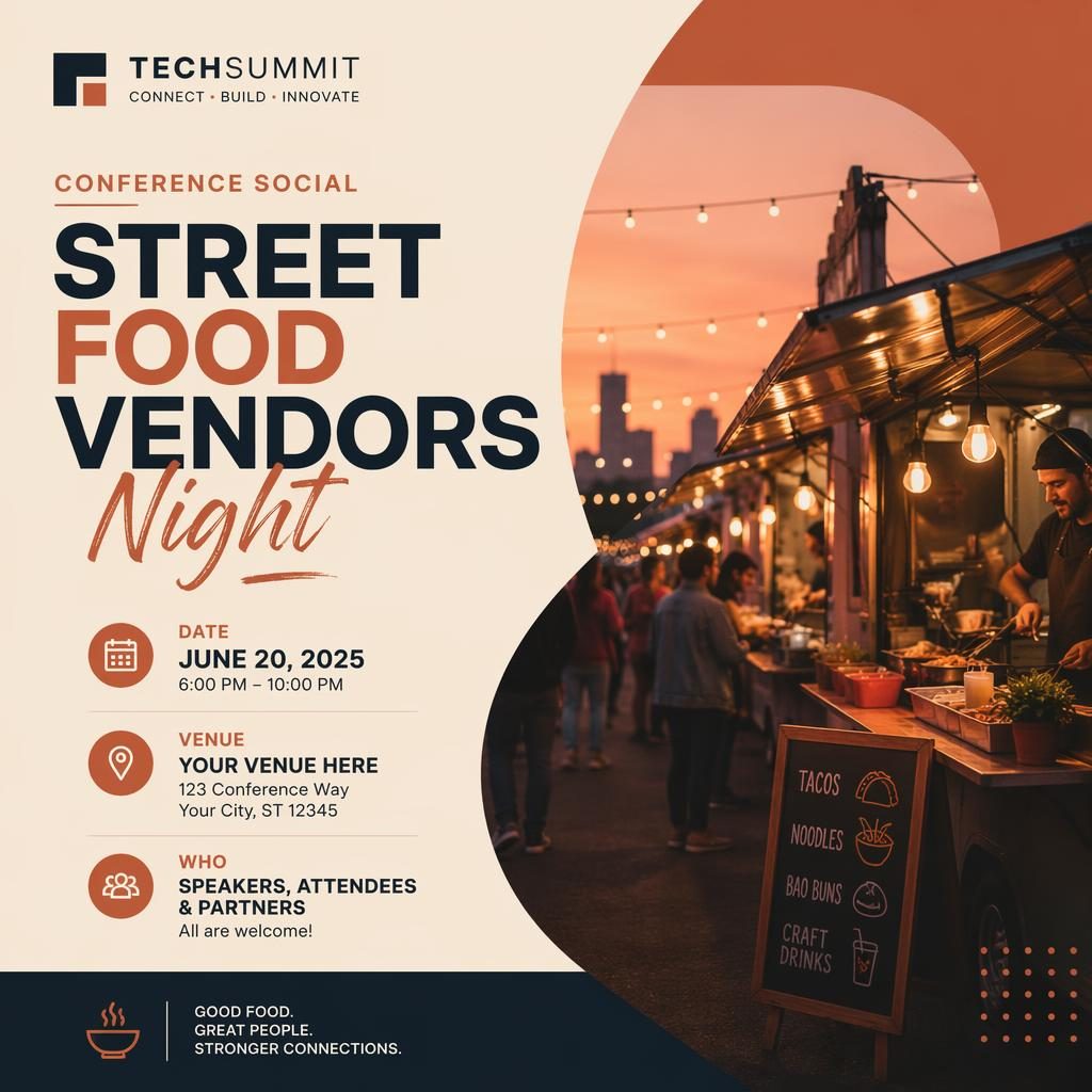 Minimalist Swiss event poster showing a cozy street food vendors night scene in warm sunset tones with clean placeholder text.