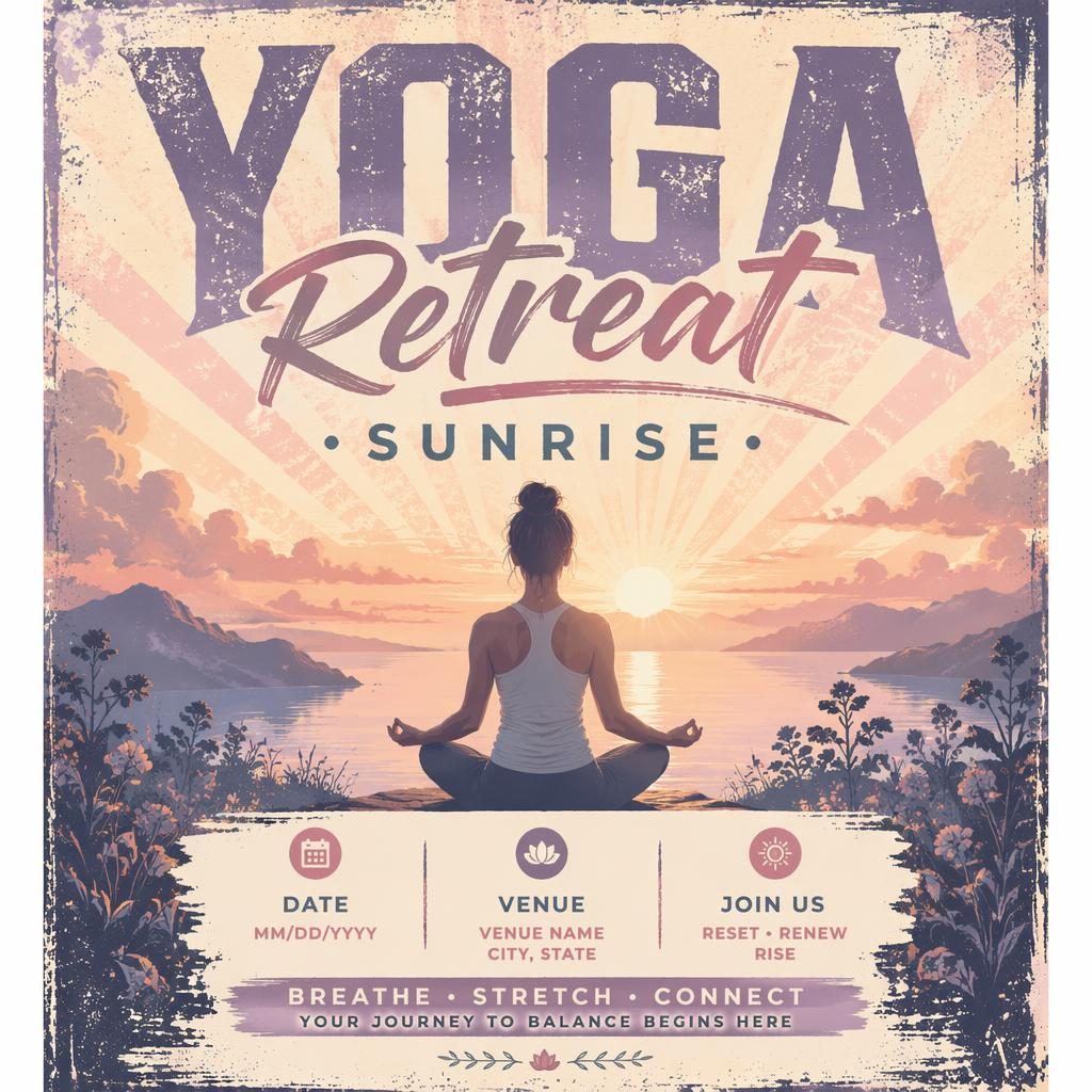 Grunge-style pastel event poster showing a sunrise yoga retreat scene with clean placeholder text for event name, date, and venue.