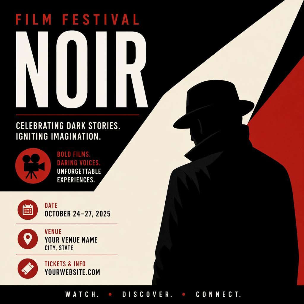 Minimalist Swiss-style noir food festival poster with bold high-contrast colors and clean English placeholder text for name, date, and venue.