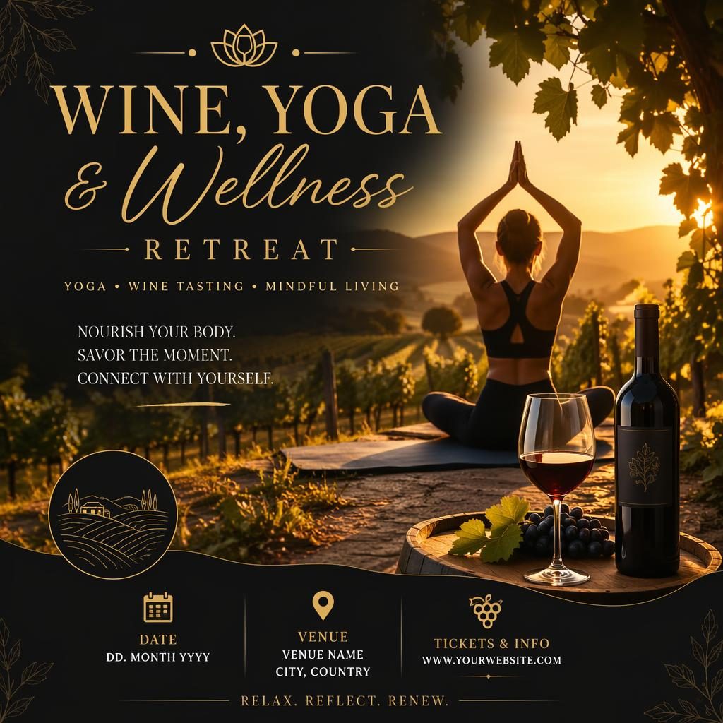 Modernes Veranstaltung Plakat für Yoga- und Wellness-Retreat im Weinberg, schwarz-gold, romantisch, mit klaren Platzhaltern.
