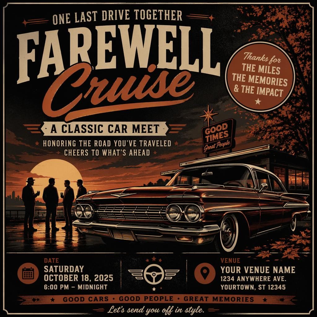 Vintage 1960s-style event poster for a classic car meet party, with dark autumn rust tones and sharp placeholder text.