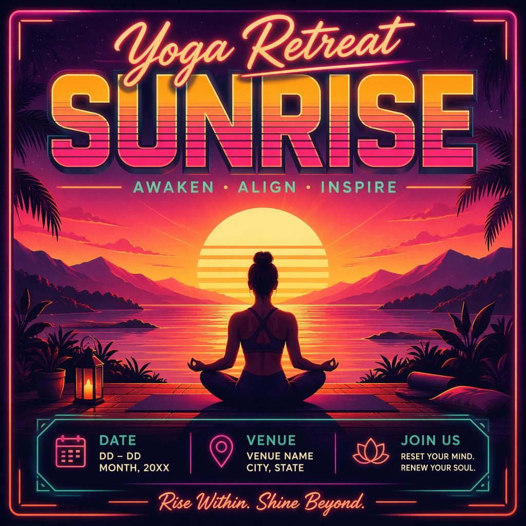 Retro 1980s neon event poster showing a sunrise yoga retreat scene with warm sunset colors and clean placeholder text.